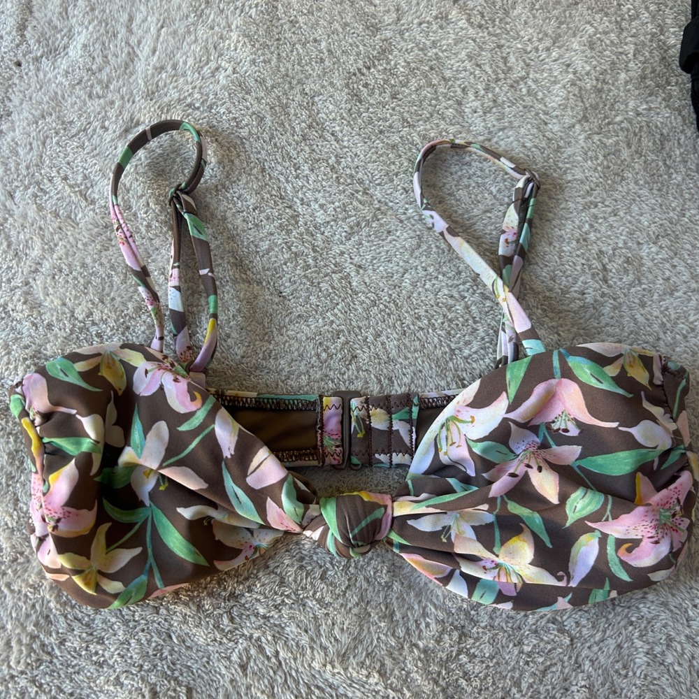 PacSun Swim Eco Brown Floral Lily Knot Front Bikini Top Small Womens